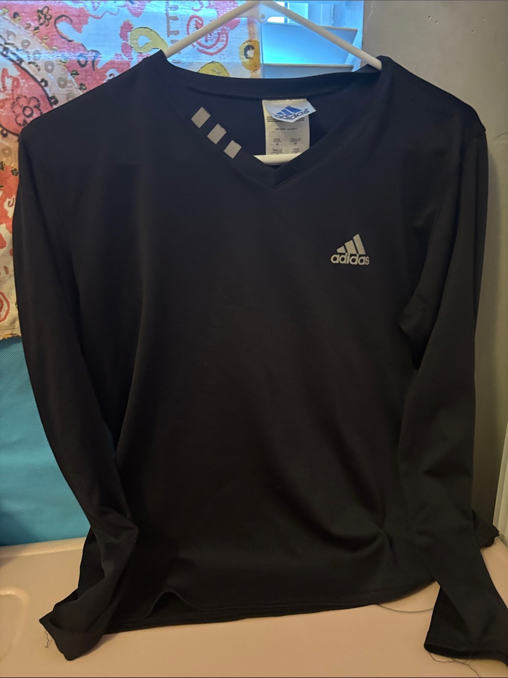 adidas Black Long-Sleeve V-Neck Athletic Top with Reflective Logo